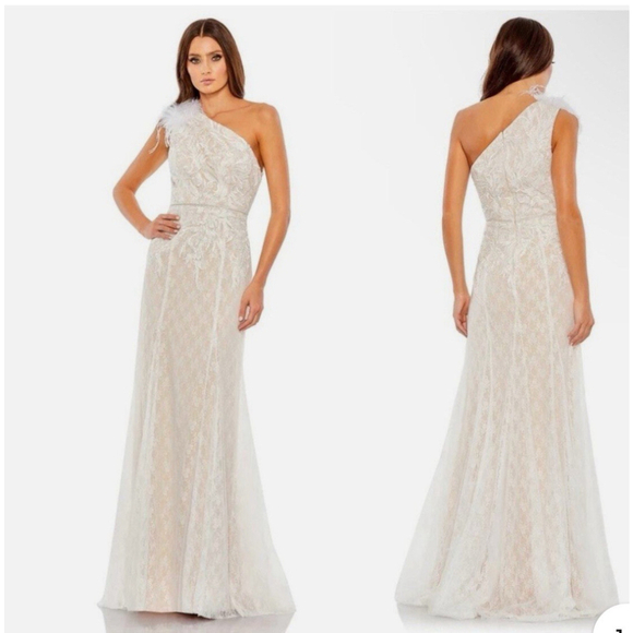 Mac Duggal #11317 Gown Lace Embellished Feather One Shoulder Ivory Size 4 NWT - Picture 1 of 13